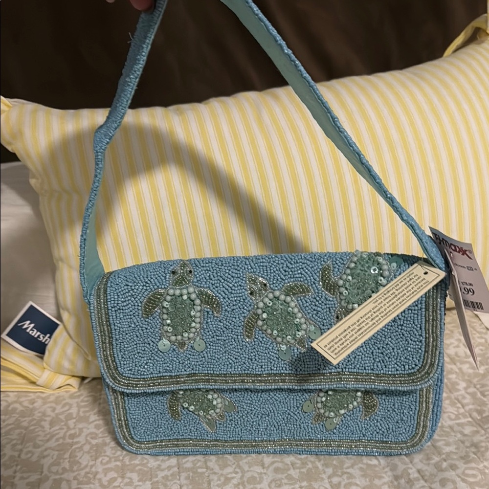 Blue Beaded Turtle Design Women's Bag
